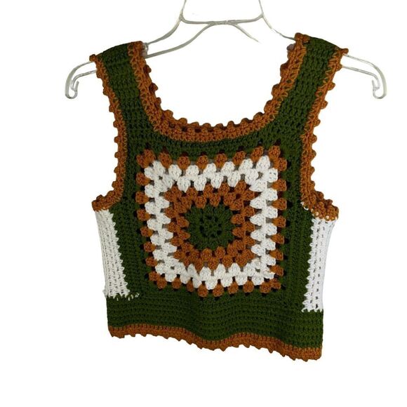 Homemade size Small Crochet Knit Cropped Tank Top Green White Brown - Picture 1 of 2